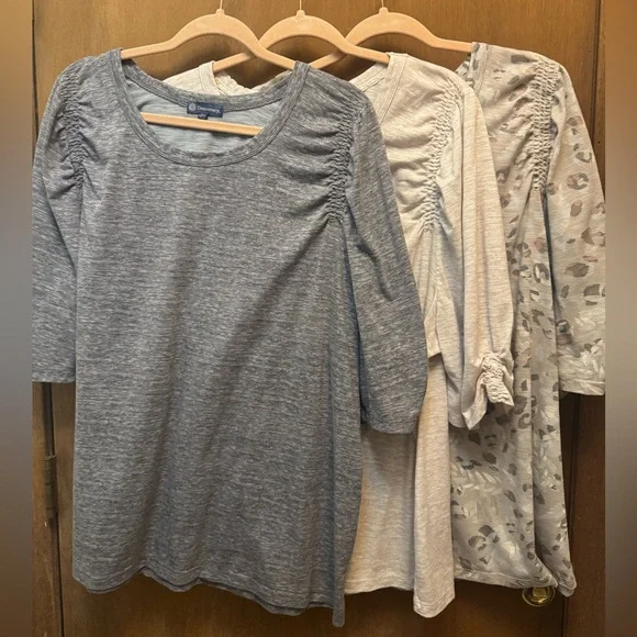 Democracy Women’s Elbow Length Puff Sleeve Ruched Top Tee Set of 3 - Picture 2 of 12